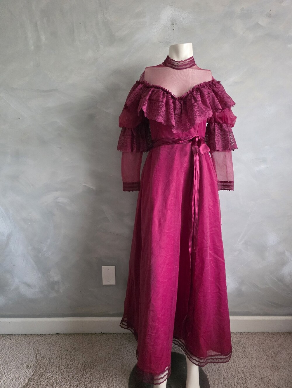 Vintage 80s Dance Allure Alfred Angelo Magenta Lace Victorian Prom Gown USA